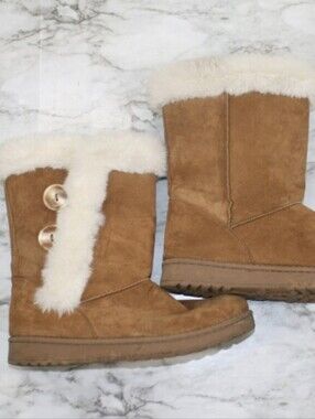 SO Boots Abigail Suede Winter Faux Fur Lined Snow Tan Button Chestnut Brown 8